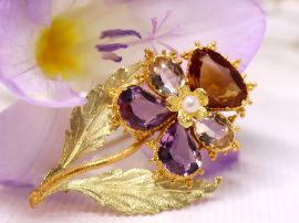 Gemstone and Gold Pansy Brooch Antique