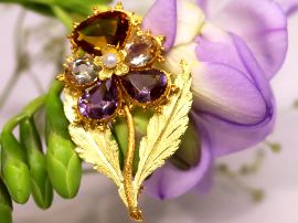 Gemstone and Gold Pansy Brooch Antique