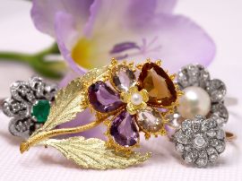 Gemstone and Gold Pansy Brooch Antique