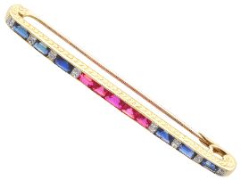 Edwardian Bar Brooch with Sapphires and Rubies