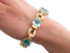 Art Deco Aquamarine Bracelet in Gold on wrist