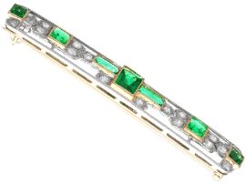 Edwardian Bar Brooch with Emeralds and Diamonds