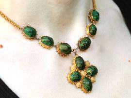 Scarab Beetle Necklace in Yellow Gold on neck