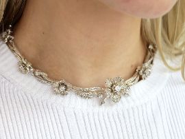 Antique Floral Diamond Necklace in White Gold wearing