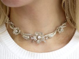 Antique Floral Diamond Necklace in White Gold wearing