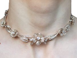 Antique Floral Diamond Necklace in White Gold wearing