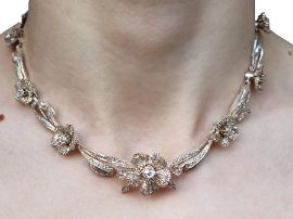 Antique Floral Diamond Necklace in White Gold on neck