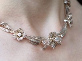 Antique Floral Diamond Necklace in White Gold on neck