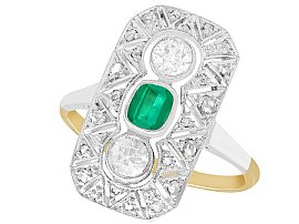 0.37ct Emerald & 0.78ct Diamond, 14ct Yellow Gold Ring - Art Deco - Antique