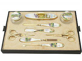 Sterling Silver, Cut Glass and Guilloche Enamel Dressing Table Set - Antique George V (1927)