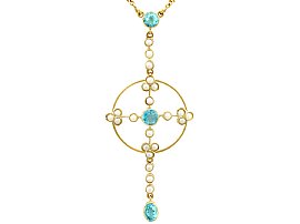 0.59ct Aquamarine and Pearl, 15ct Yellow Gold Necklace - Antique Victorian