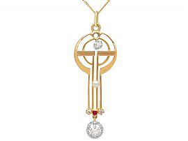 0.60ct Diamond and Pearl, Ruby and 18ct Yellow Gold Pendant - Art Nouveau - Antique German Circa 1920