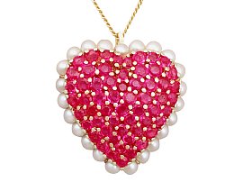 3.36ct Ruby and Seed Pearl, 14ct Yellow Gold 'Heart' Pendant/Brooch - Contemporary Circa 2000