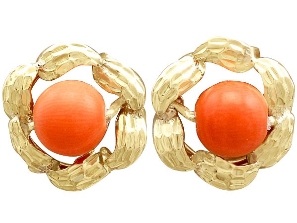 Gold and Coral Stud Earrings 