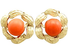 Red Coral and 18ct Yellow Gold Stud Earrings - Vintage Circa 1970