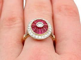 French Diamond and Ruby Ballerina Ring on Finger