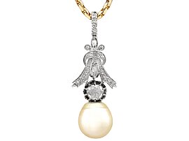 1.23ct Diamond and South Sea Pearl, 18ct Yellow Gold and Silver Set Pendant - Antique and Vintage