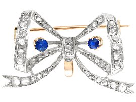 0.45ct Sapphire and 0.93ct Diamond, 15ct Yellow Gold Bow Brooch - Antique French Circa 1890