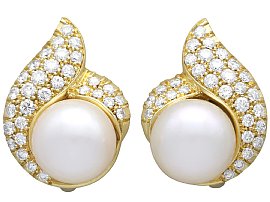 Vintage Pearl and 0.81ct Diamond Cluster Earrings in 18ct Yellow Gold