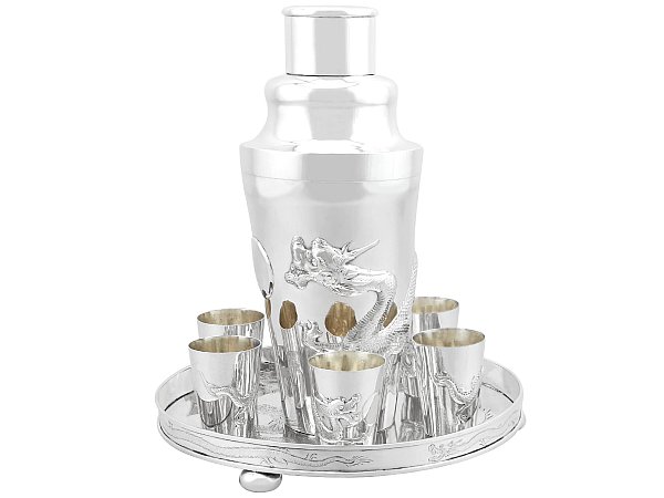 Chinese Silver Cocktail Shaker with Tots and Stand