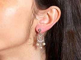 Vintage Pearl and Diamond Drop Earrings wearing image