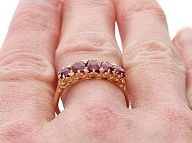 Edwardian Five Stone Ruby Ring Gold wearing