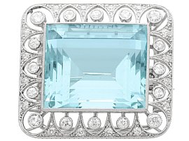 Antique 42.24ct Aquamarine, 1.62ct Diamond and Platinum Brooch / Pendant