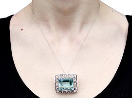 1920s Aquamarine Diamond Pendant wearing