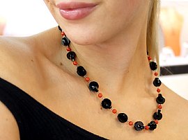 Vintage Onyx and Coral Necklace wearing 