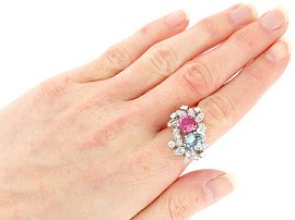 Aquamarine and Pink Tourmaline Ring with Diamonds wearing 