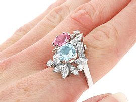 Aquamarine and Pink Tourmaline Ring with Diamonds wearing 