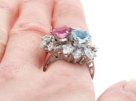 Wearing Image for Aquamarine and Pink Tourmaline Ring with Diamonds 