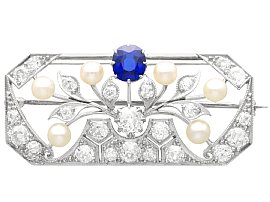 1920s Sapphire, 2.77ct Diamond and Pearl, 18ct White Gold Brooch