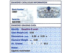 Sapphire Diamond and Pearl Brooch grading card 