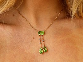 Antique Peridot Necklace in Gold UK on neck