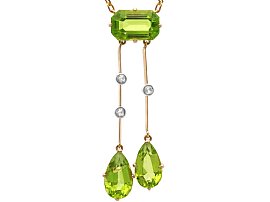 Antique 6.80ct Peridot and Diamond Pendant Necklace in Yellow Gold