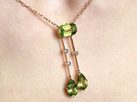 Antique Peridot Necklace in Gold around Neck