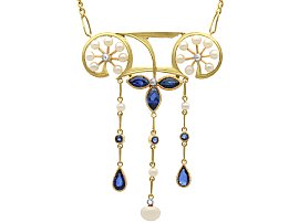 Art Nouveau 1.30ct Sapphire, Seed Pearl and Diamond, 18ct Yellow Gold Pendant