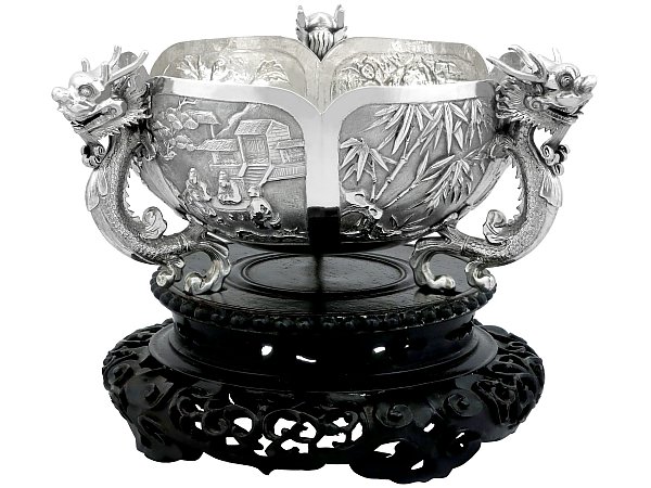 Chinese Silver Bowl Dragon Handles on Plinth