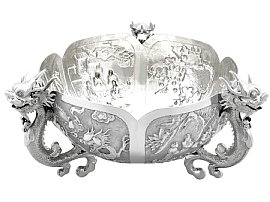 Chinese Silver Bowl Dragon Handles on Plinth