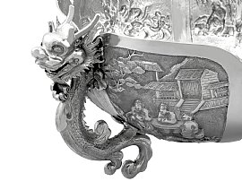 Chinese Silver Bowl Dragon Handles on Plinth