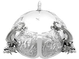 Chinese Silver Bowl Dragon Handles on Plinth