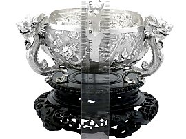 Chinese Silver Bowl Dragon Handles on Plinth