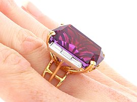 Emerald Cut Amethyst Ring in Yellow Gold Wearing