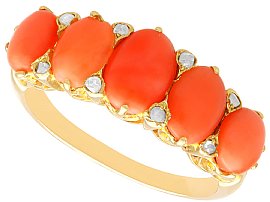 Antique 3.82ct Coral and Diamond, 18ct Yellow Gold Five Stone Ring