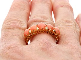 Antique Five Stone Coral Ring wearing