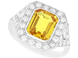 Vintage Emerald Cut 3.75ct Yellow Sapphire and 0.84ct Diamond Ring in Platinum