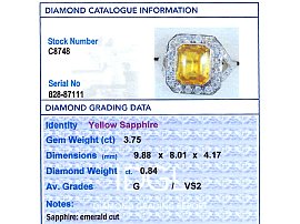 Emerald Cut Yellow Sapphire Ring with Diamonds grading card