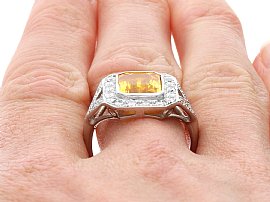 Emerald Cut Yellow Sapphire Ring with Diamonds wearing