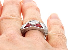 Ruby and Diamond Dress Ring in Platinum on Finger